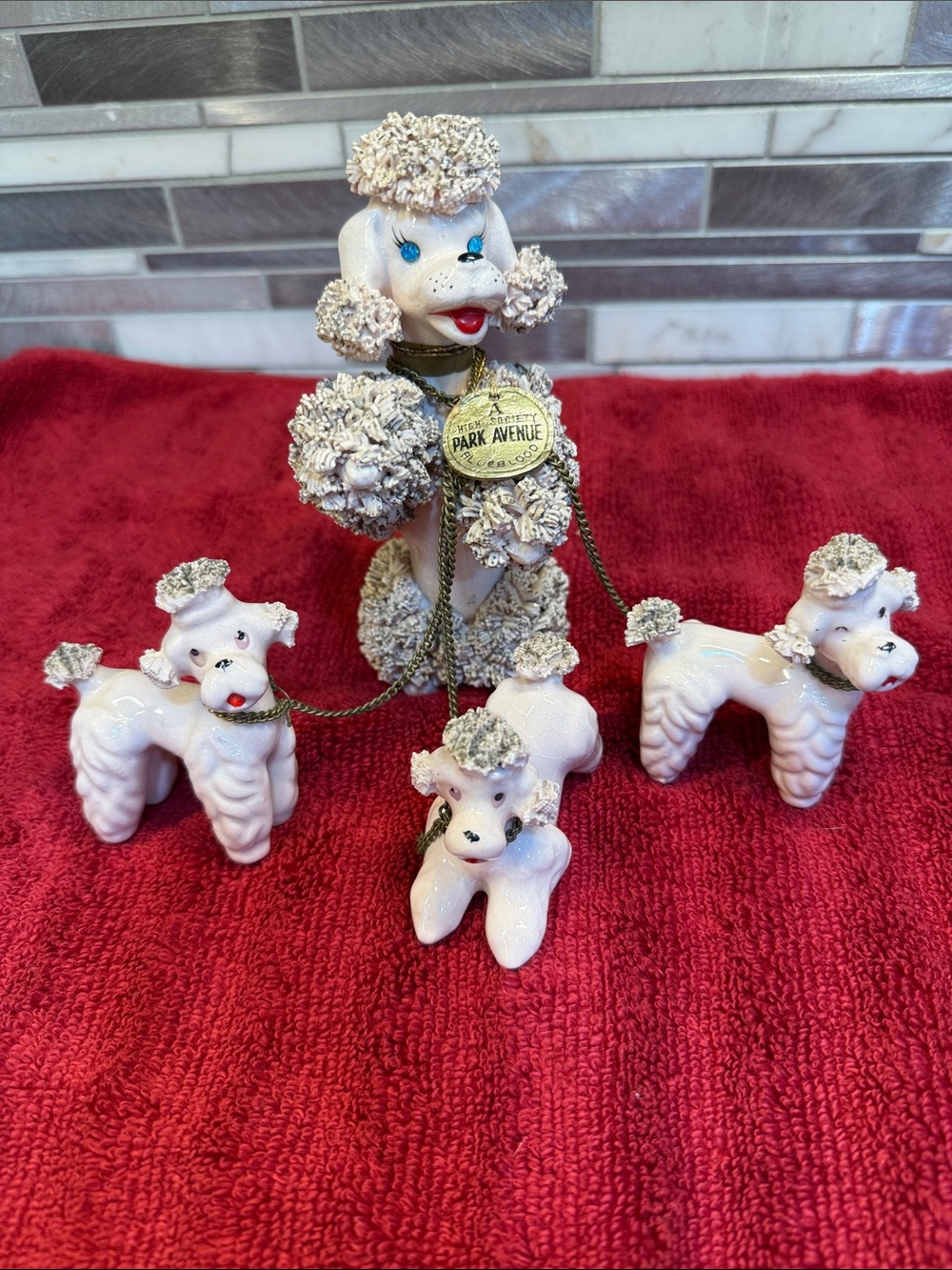 Vintage Ceramic Pink Poodle Figurine Set with original tag!